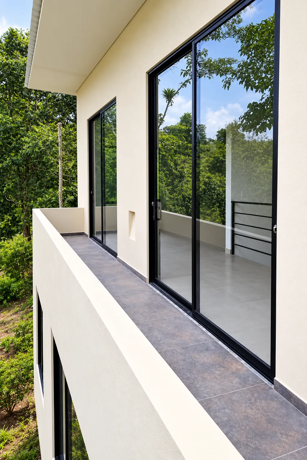 Fachada de una casa con ventanería en aluminio instalada por ALU10