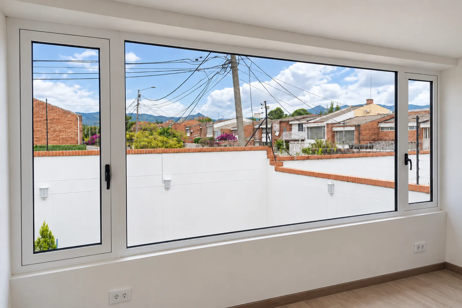 Ventana en perfil blanco con paño fijo central y dos hojas batientes, aislamiento térmico y acústico